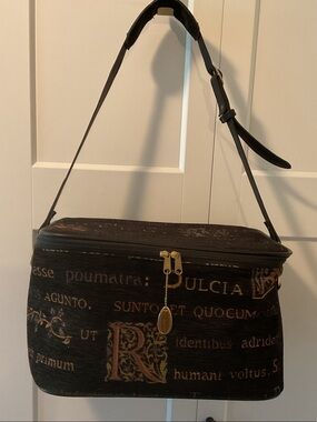 Weekend Traveler Black Text-Print Cosmetic Travel Case with Gold Hardware